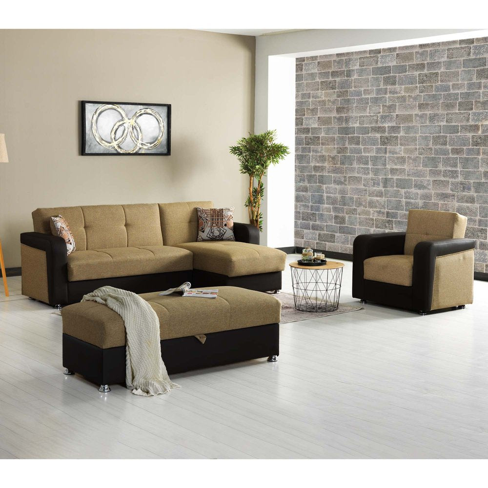 54" Camel Espresso and Silver Chenille And Faux Leather Tufted Storage Ottoman