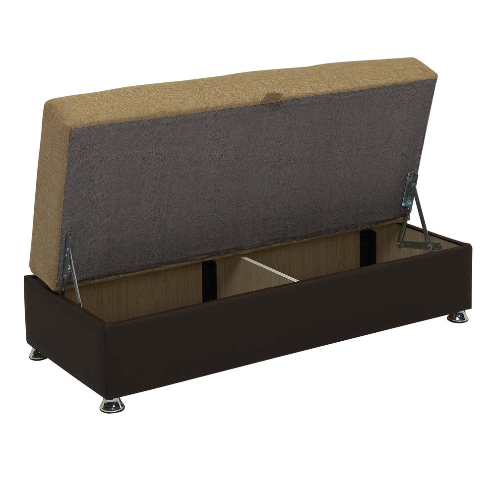 54" Camel Espresso and Silver Chenille And Faux Leather Tufted Storage Ottoman