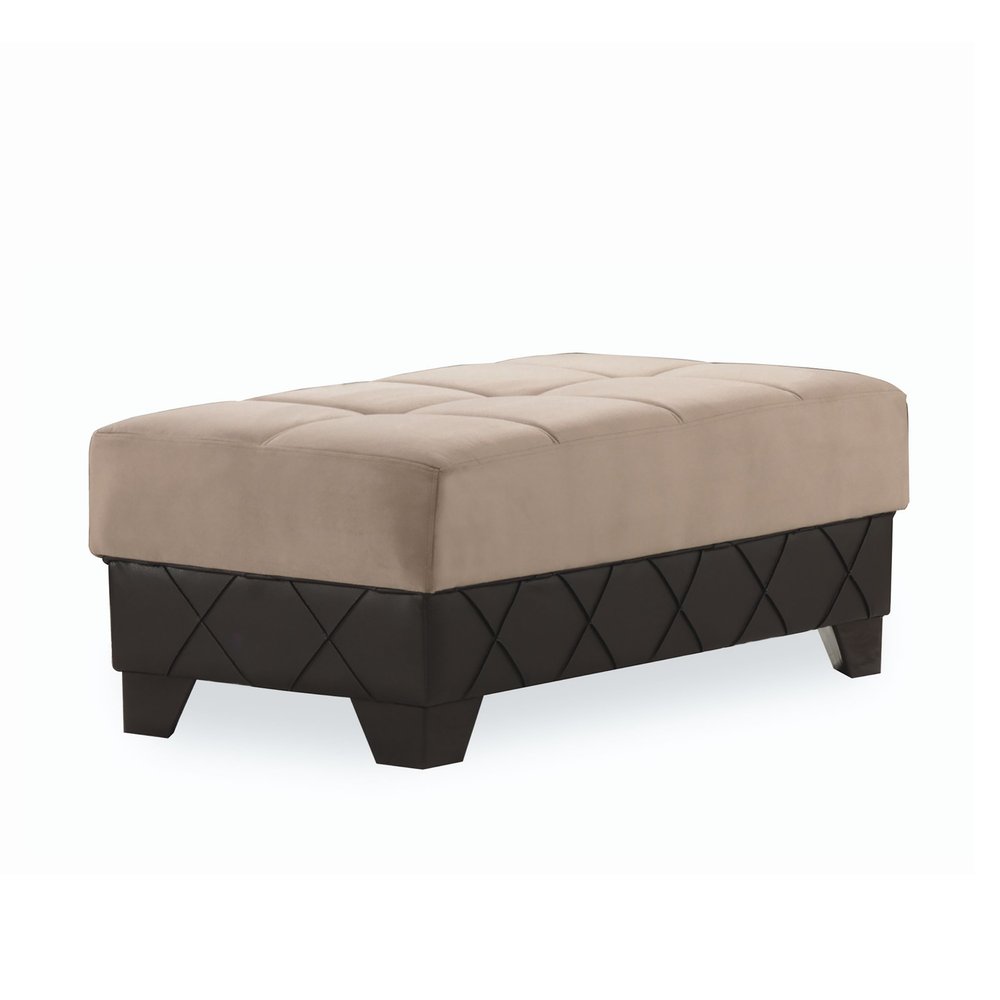 48" Taupe and Espresso Faux Leather And Microfiber Tufted Storage Ottoman