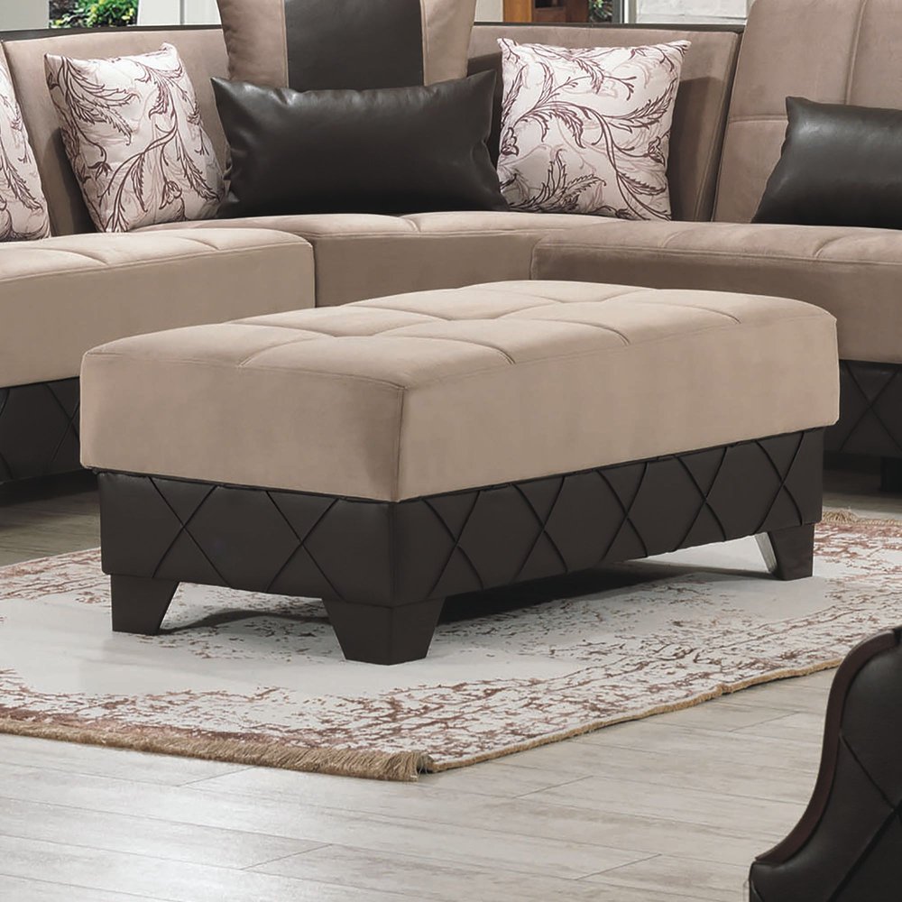 48" Taupe and Espresso Faux Leather And Microfiber Tufted Storage Ottoman