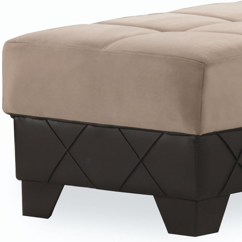 48" Taupe and Espresso Faux Leather And Microfiber Tufted Storage Ottoman