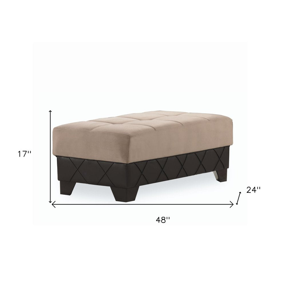 48" Taupe and Espresso Faux Leather And Microfiber Tufted Storage Ottoman