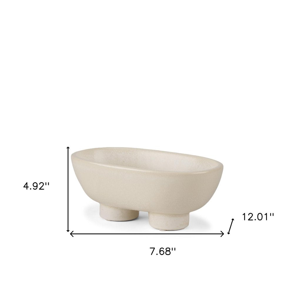 8" Cream Ceramic Oval Pedestal Centerpiece Bowl