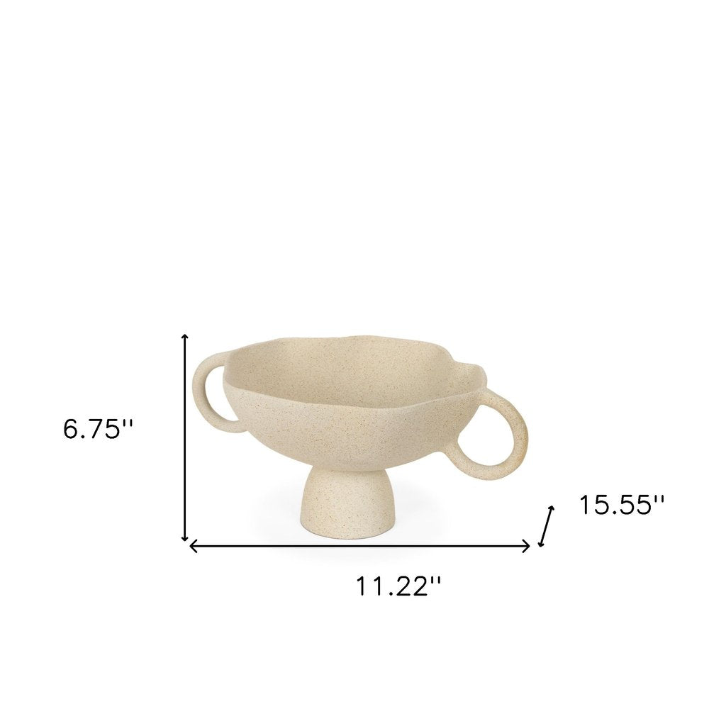 Cuenco de pedestal redondo de aluminio fundido beige de 11" con asas