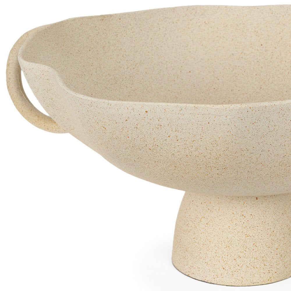 16" Beige Cast Aluminum Round Pedestal Centerpiece Bowl With Handles