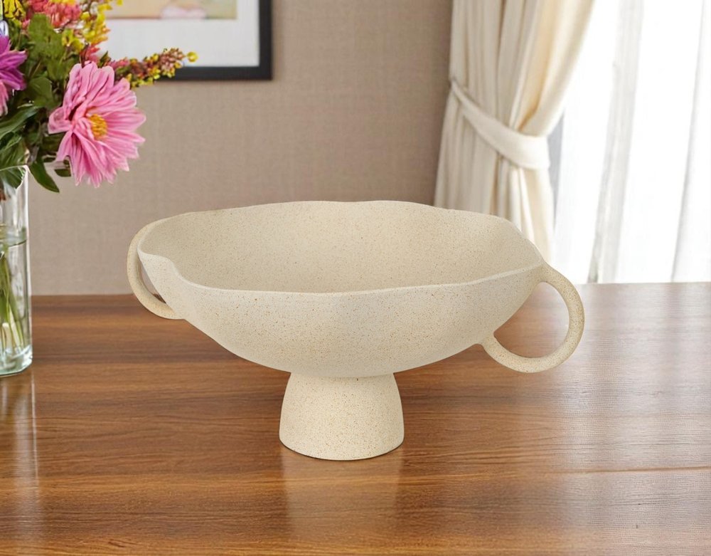 16" Beige Cast Aluminum Round Pedestal Centerpiece Bowl With Handles