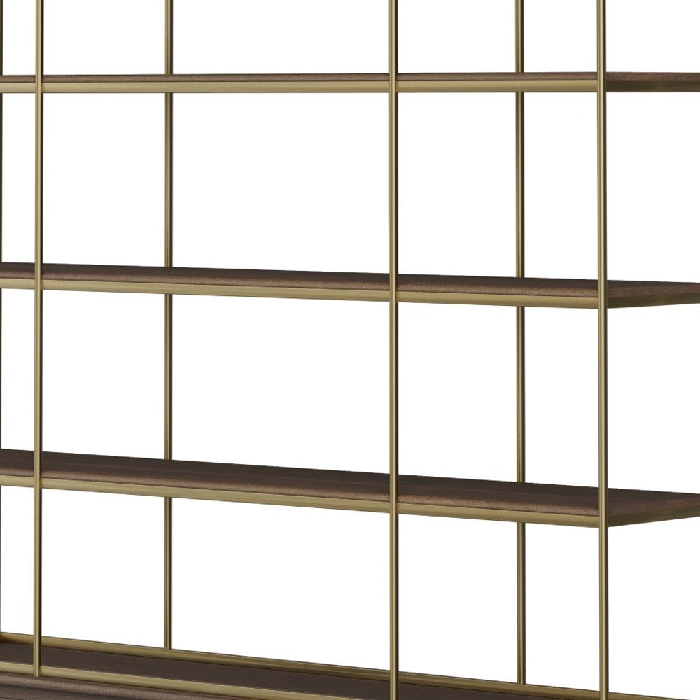 82" Antiqued Brass And Brown Distressed Metal and Solid Wood Four Tier Bookcase with Four Doors