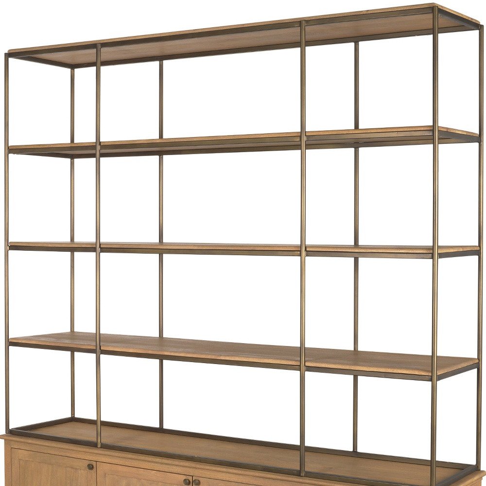 82" Antiqued Brass And Light Brown Distressed Metal and Solid Wood Three Tier Bookcase with Four Doors