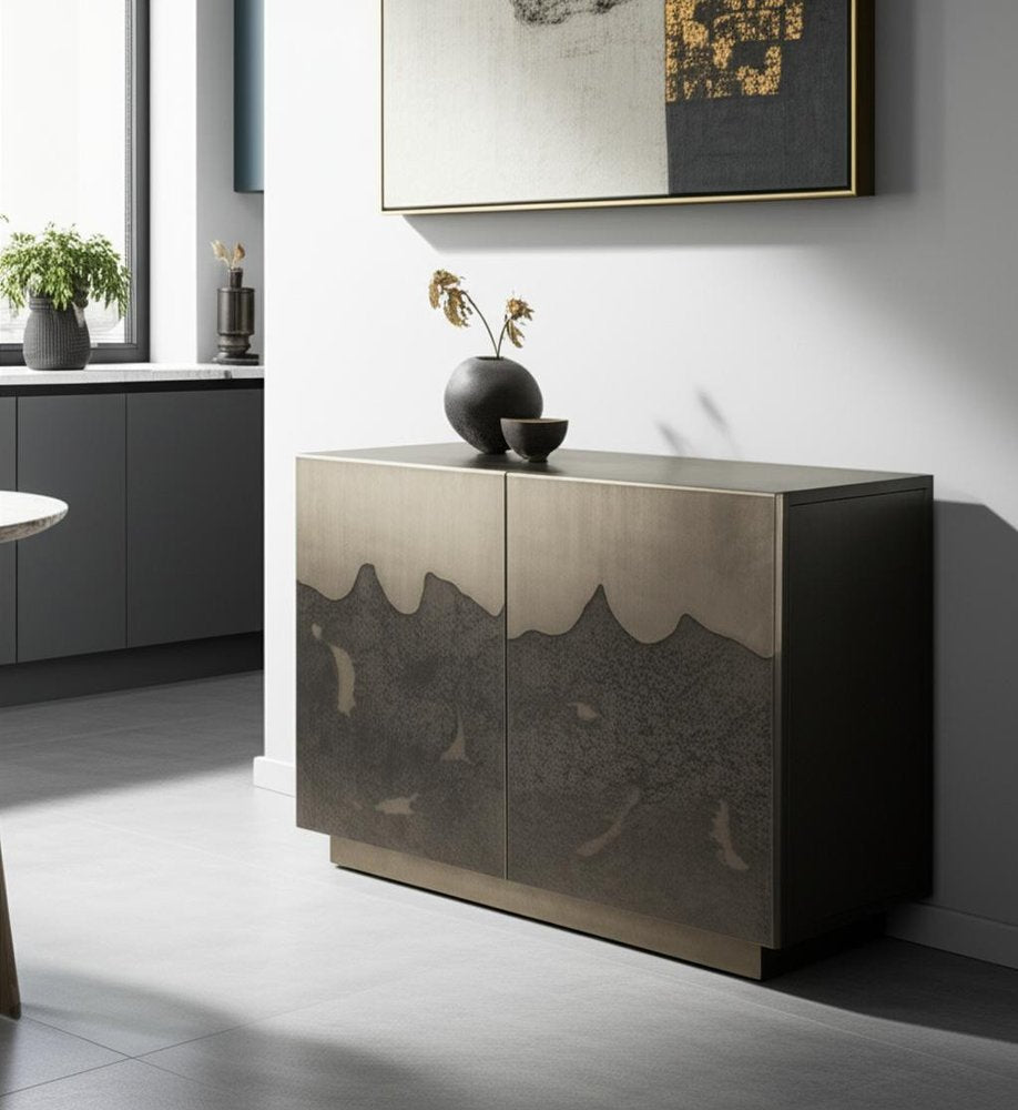 30" Gray Distressed Metal Textured Door Accent Cabinet With Two Doors