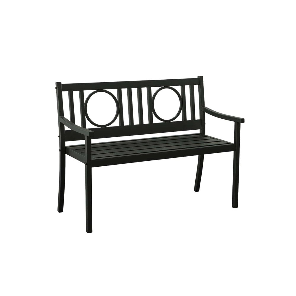 Banco de jardín de metal negro de 45" con respaldo geométrico