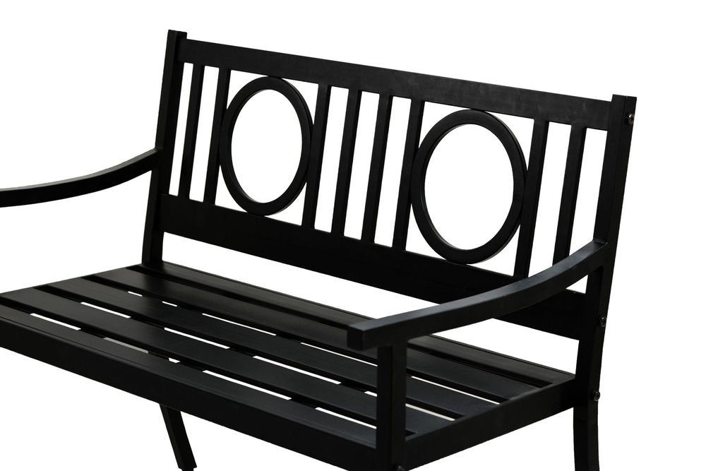 Banco de jardín de metal negro de 45" con respaldo geométrico