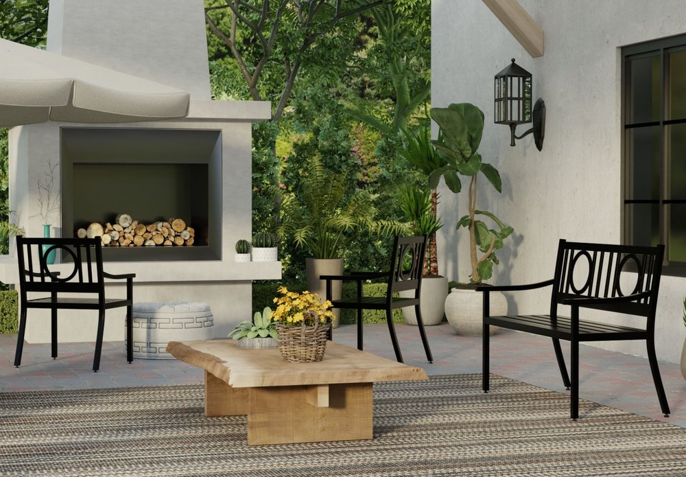 Banco de jardín de metal negro de 45" con respaldo geométrico