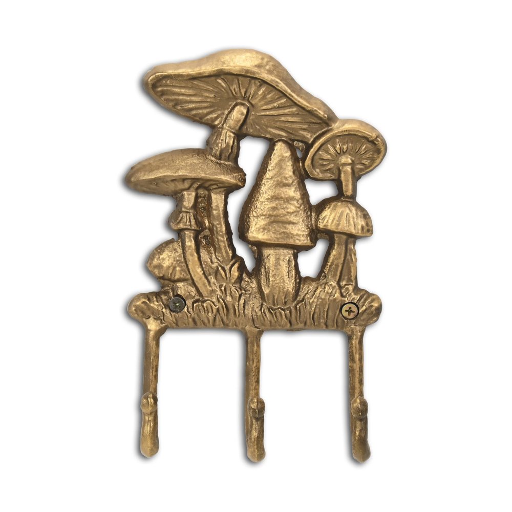 Perchero de pared de hierro fundido con tres ganchos y diseño de hongo, de 5" y dorado envejecido