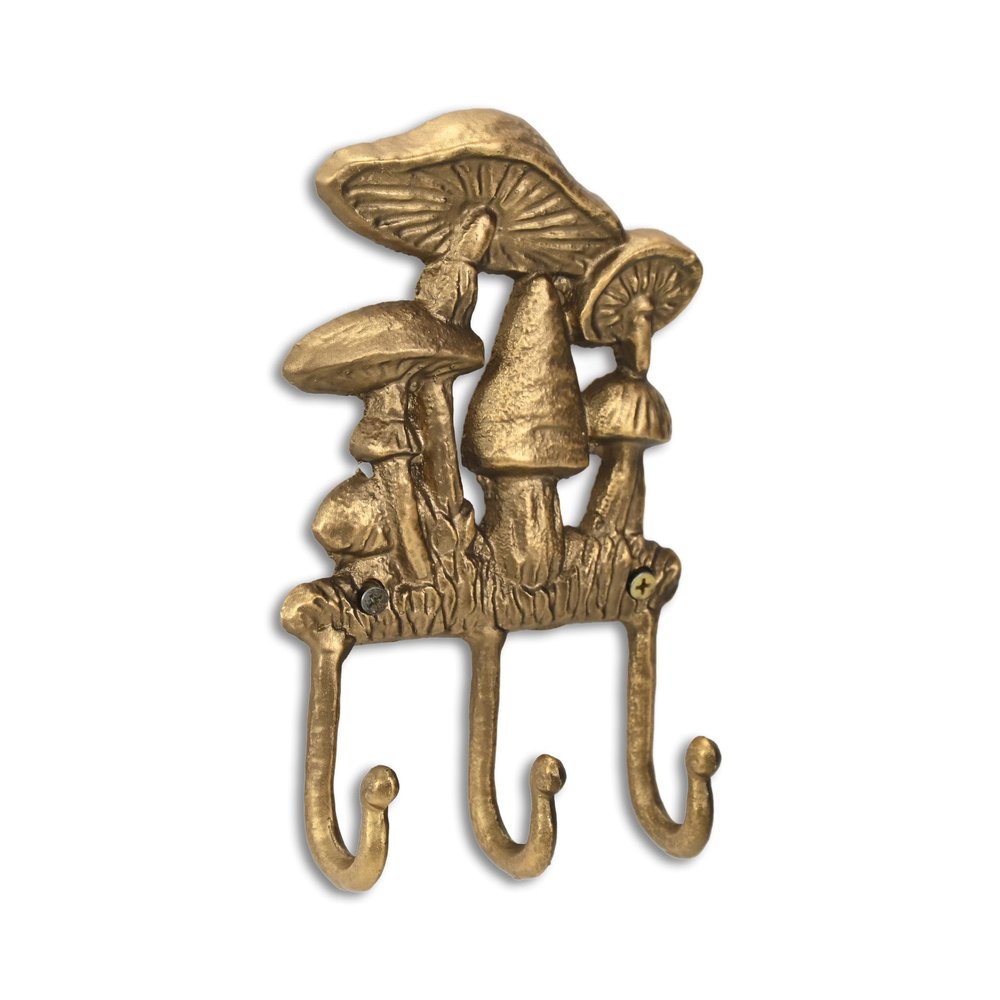 Perchero de pared de hierro fundido con tres ganchos y diseño de hongo, de 5" y dorado envejecido