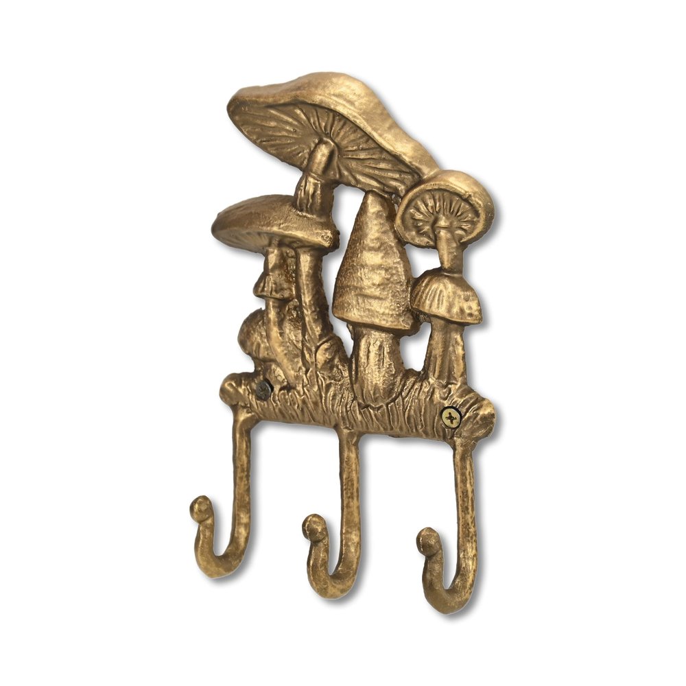 Perchero de pared de hierro fundido con tres ganchos y diseño de hongo, de 5" y dorado envejecido