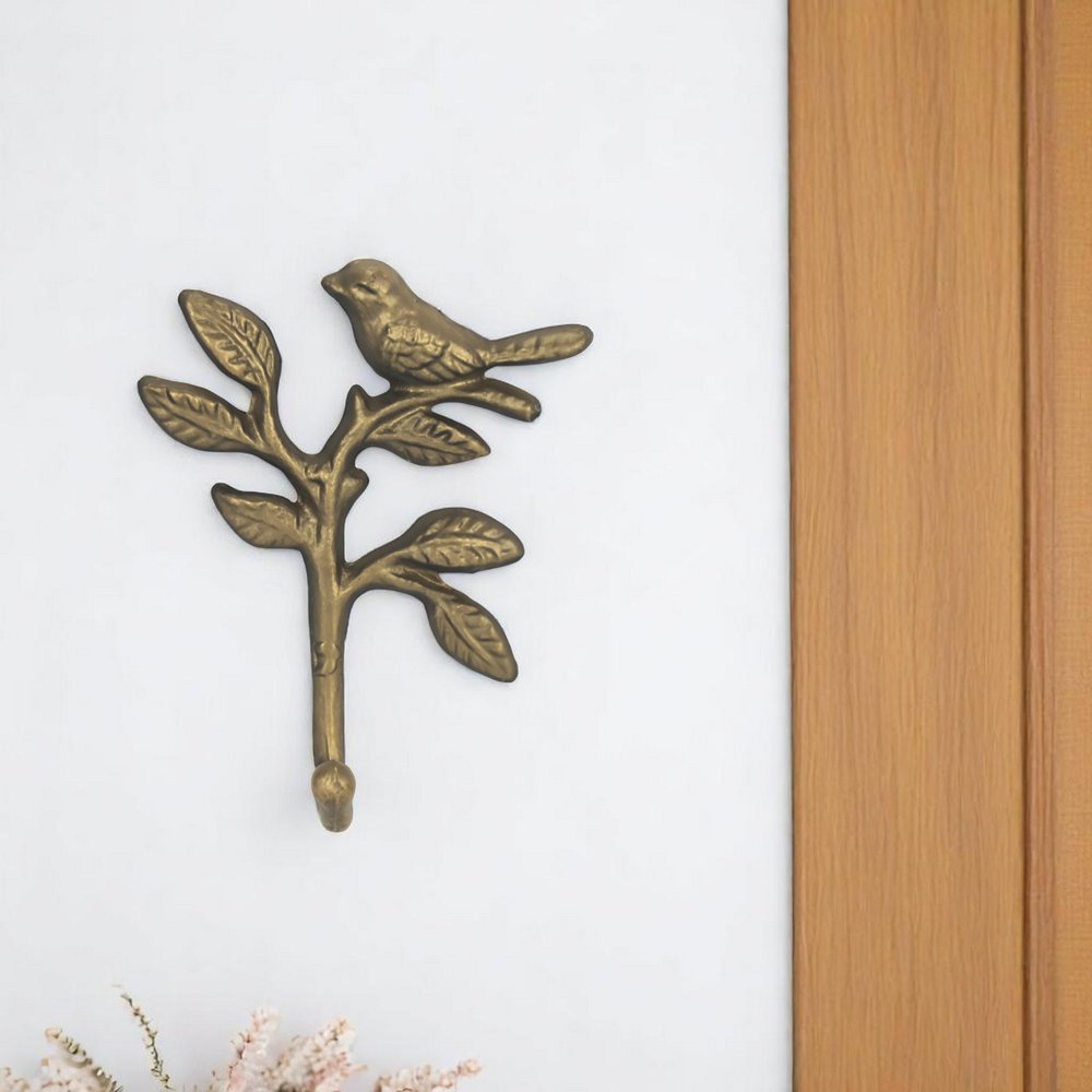 Gancho de pared de hierro fundido dorado envejecido de 5" con forma de pájaro