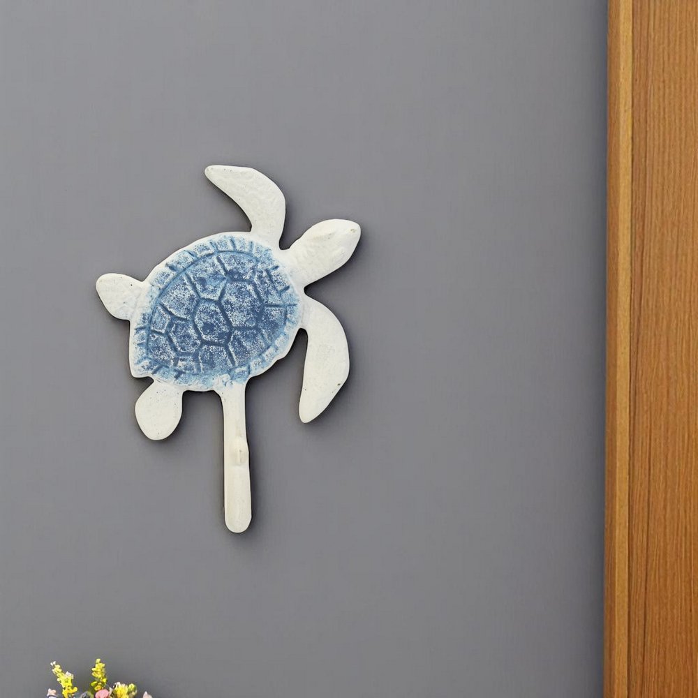 Gancho de pared de hierro fundido azul y blanco de 4" con forma de tortuga