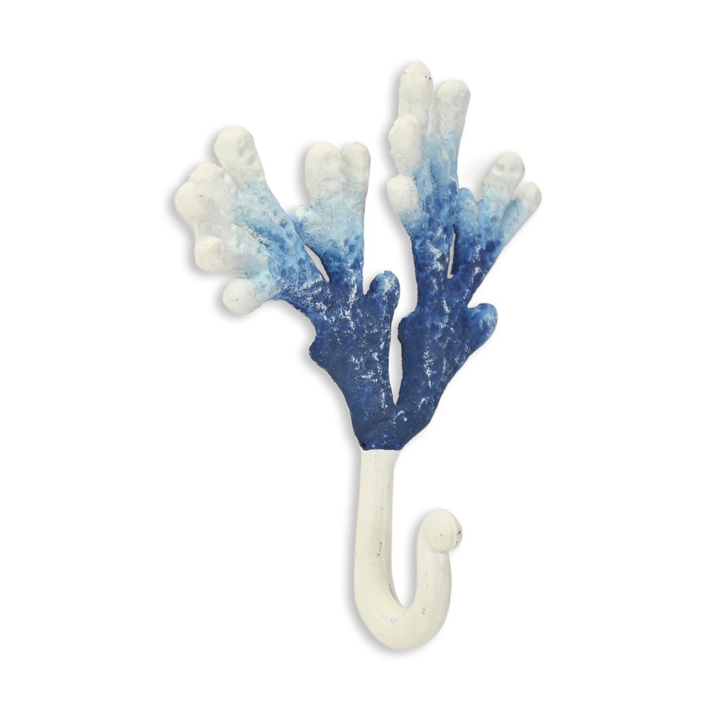 Gancho de pared de hierro fundido azul y blanco de 5" con diseño de coral