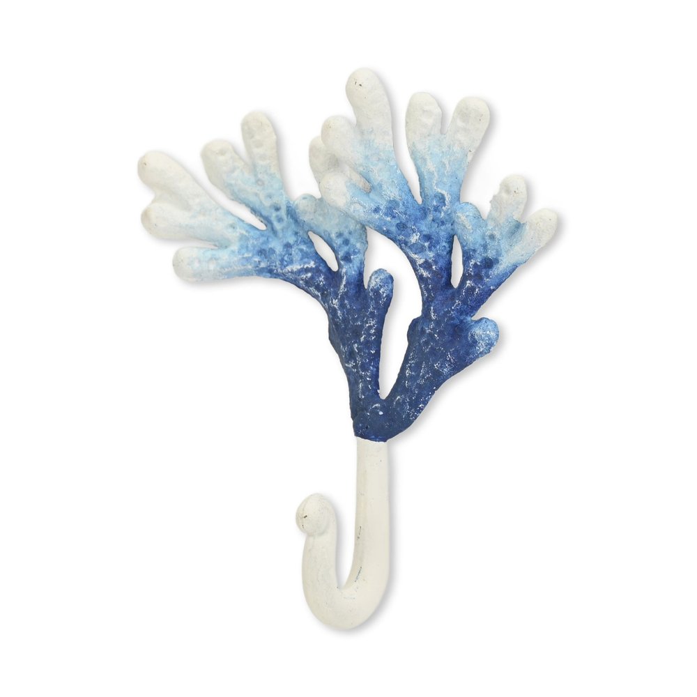 Gancho de pared de hierro fundido azul y blanco de 5" con diseño de coral