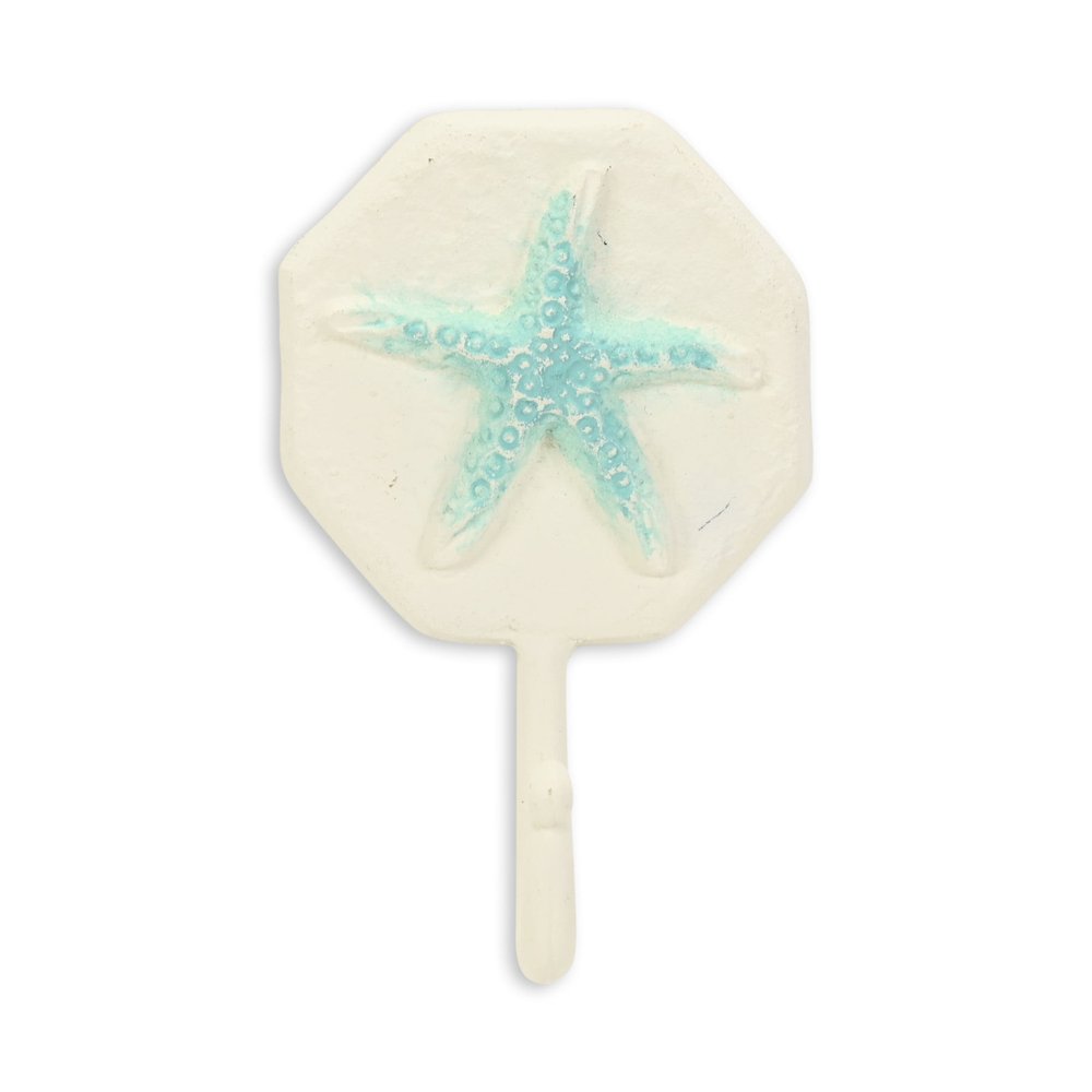 Gancho de pared de hierro fundido en forma de estrella de mar de 4" en color aguamarina y crema