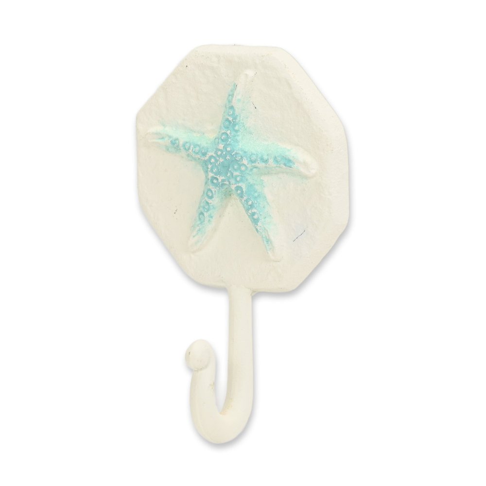 Gancho de pared de hierro fundido en forma de estrella de mar de 4" en color aguamarina y crema