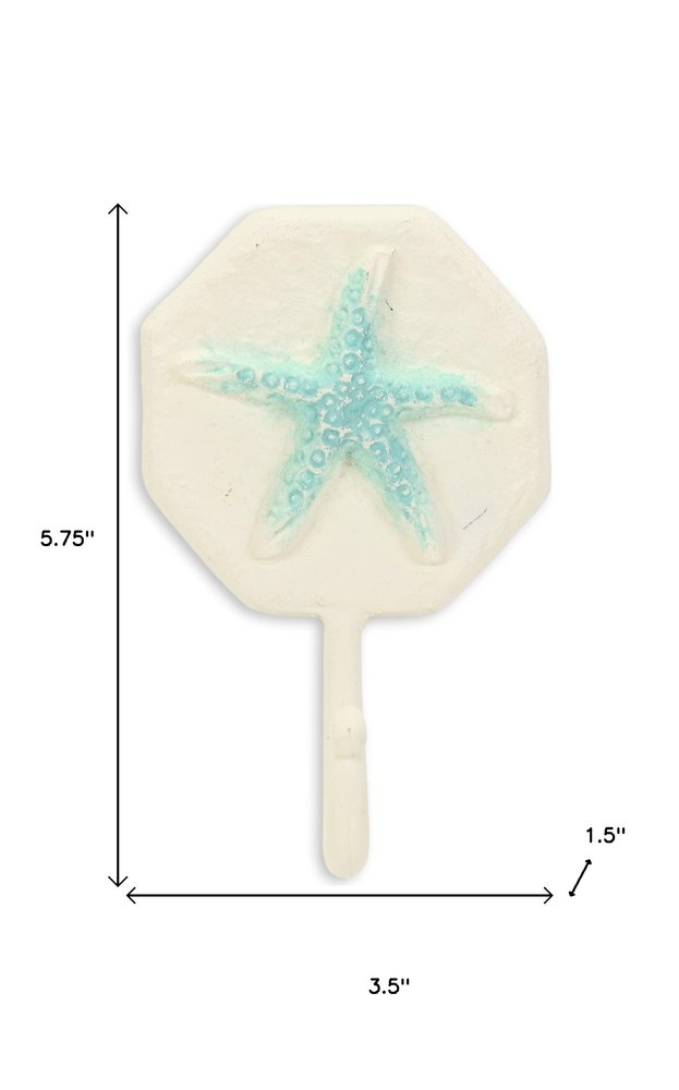 Gancho de pared de hierro fundido en forma de estrella de mar de 4" en color aguamarina y crema