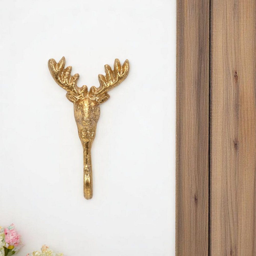 Gancho de pared de hierro fundido dorado de 3" con forma de ciervo
