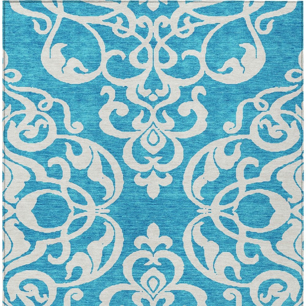 9' X 12' Turquoise And Ivory Damask Washable Indoor Outdoor Area Rug