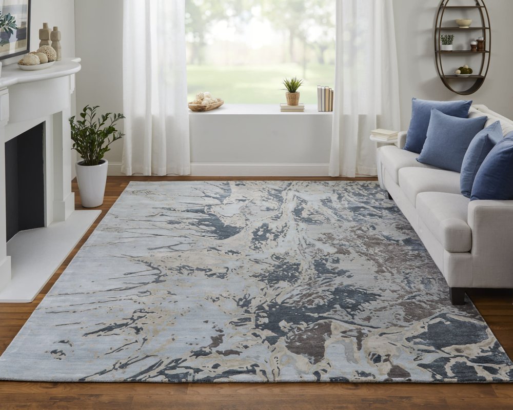 9' X 12' Ivory Taupe And Green Abstract Hand Tufted Distressed Area Rug