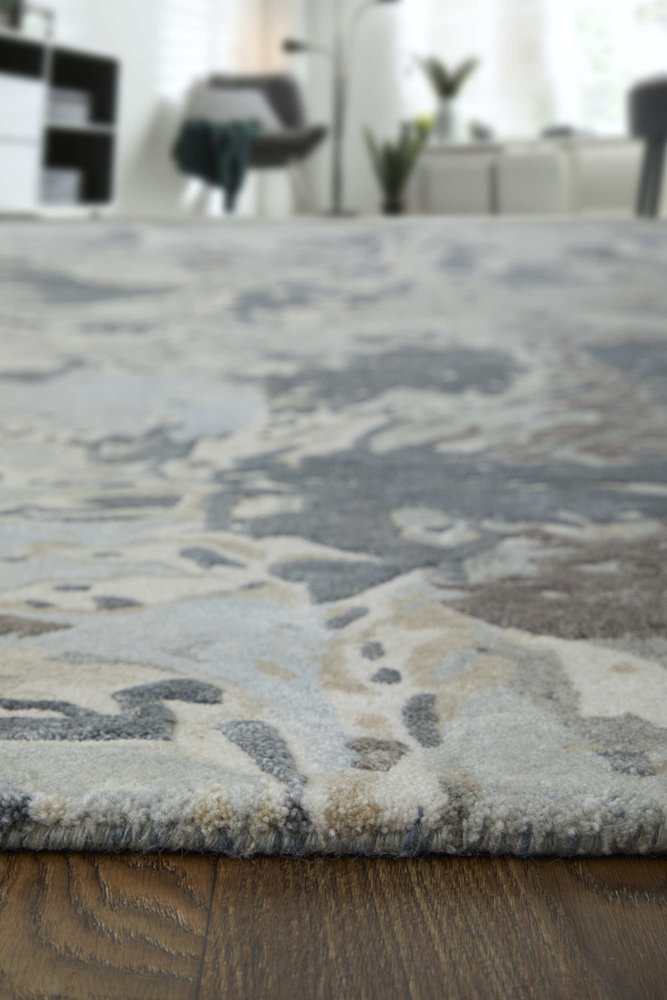 9' X 12' Ivory Taupe And Green Abstract Hand Tufted Distressed Area Rug