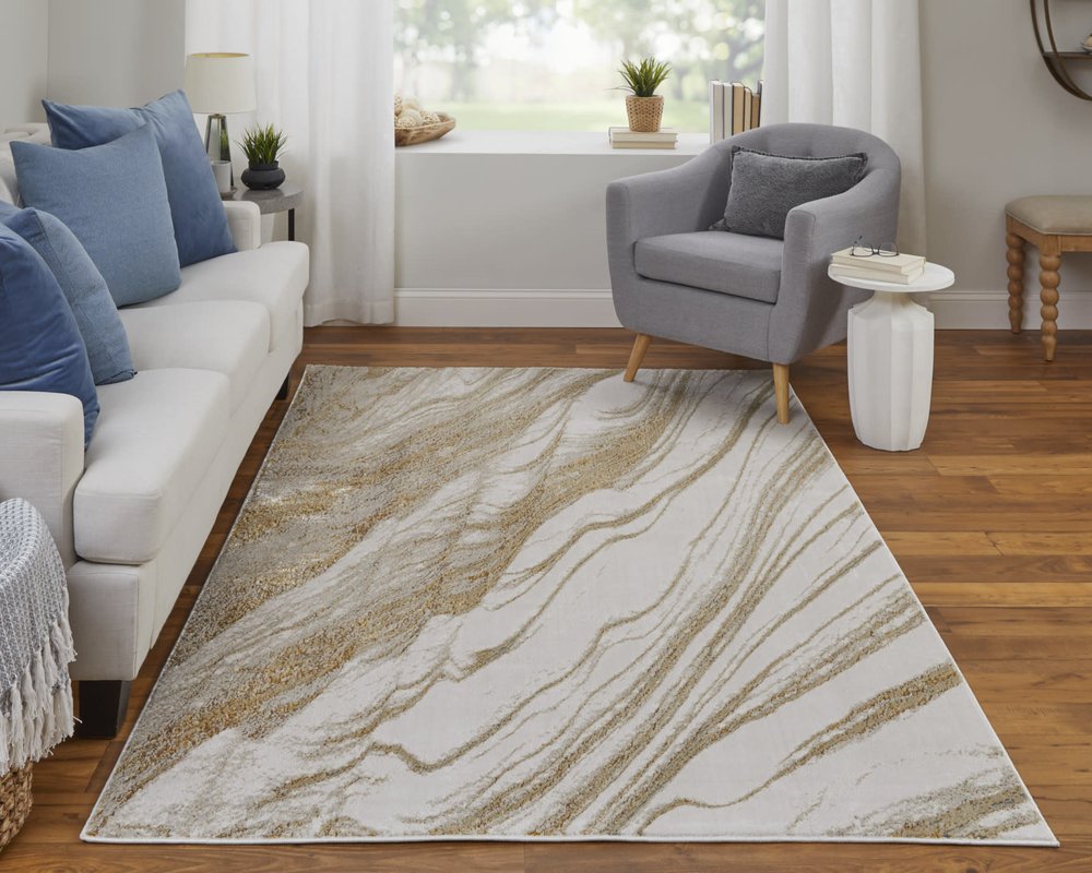 9' X 12' Ivory Taupe And Gold Abstract Area Rug