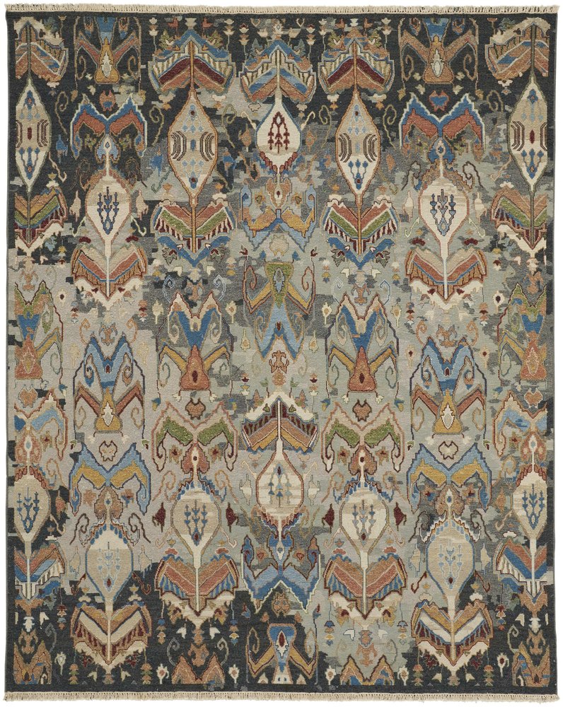 9' X 13' Blue Gray And Brown Ikat Hand Knotted Area Rug With Fringe