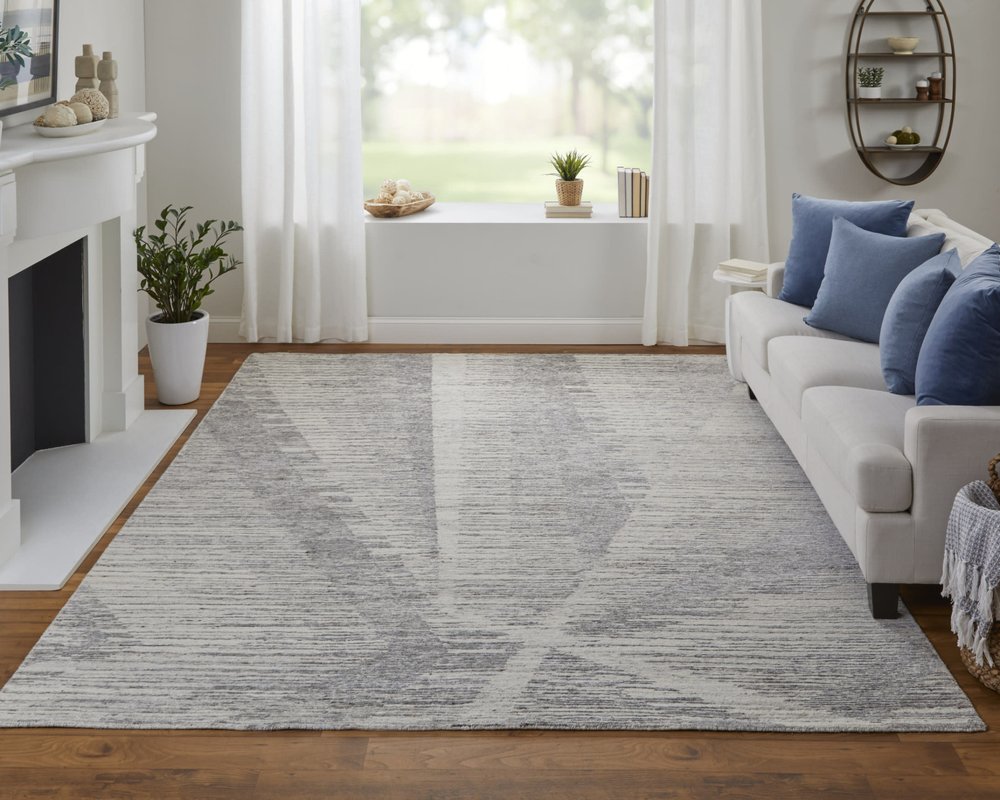 9' X 13' Ivory And Gray Abstract Hand Knotted Distressed Area Rug