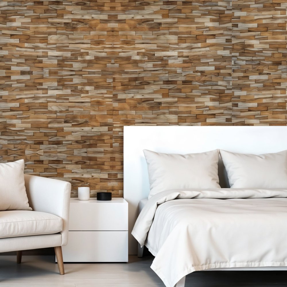 Brown 3D Embossed Abstract Brushed Teak Reclaimed Wood Decorative Wall Panels