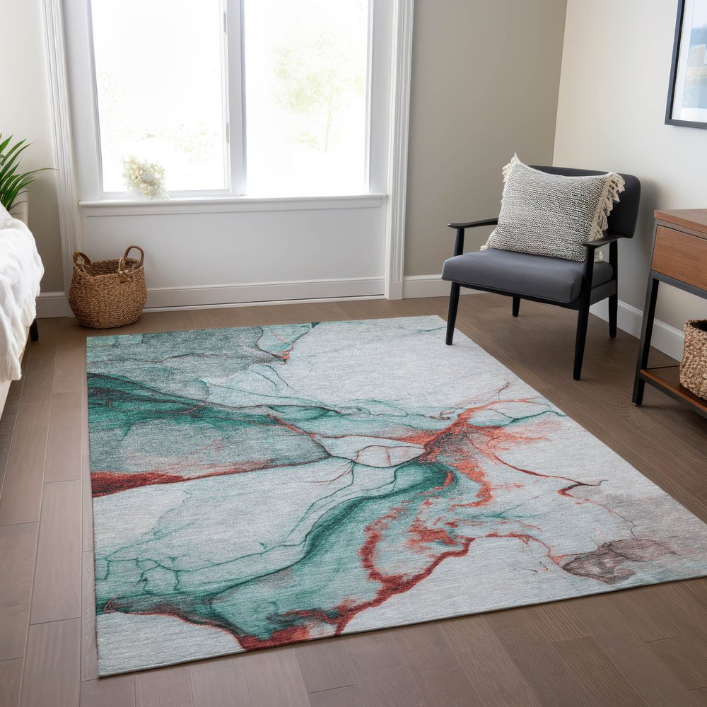 9' X 12' Teal Blue And Terra Cotta Abstract Washable Indoor Outdoor Area Rug
