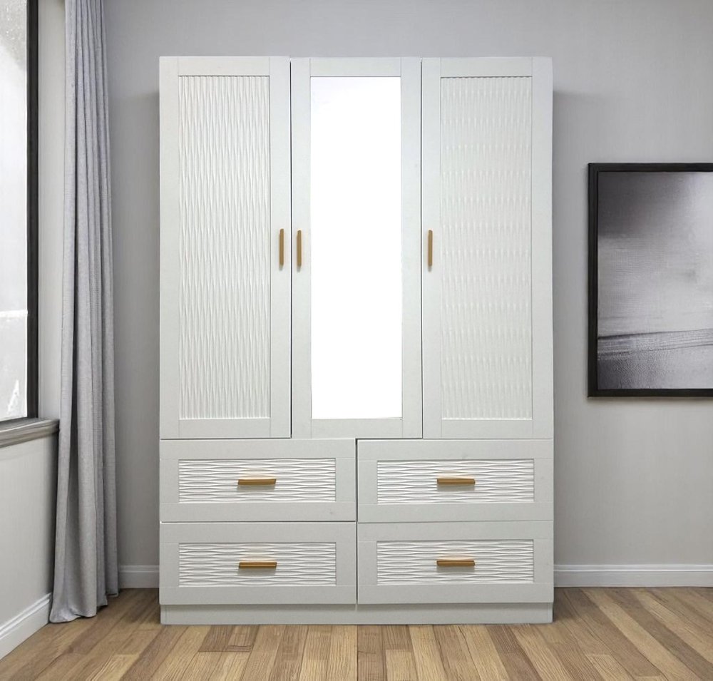 75" White Ribbed Texture Wood Mirrored Three Door Four Drawer Combo Dresser