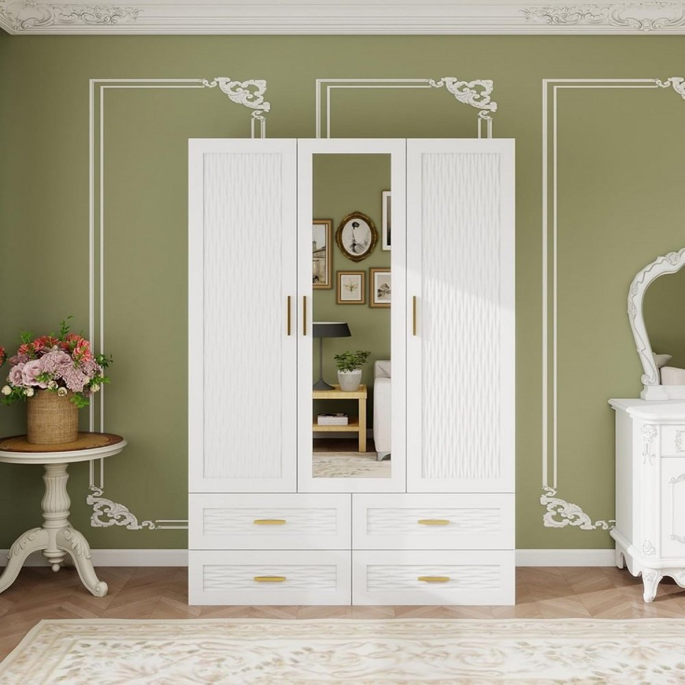 75" White Ribbed Texture Wood Mirrored Three Door Four Drawer Combo Dresser