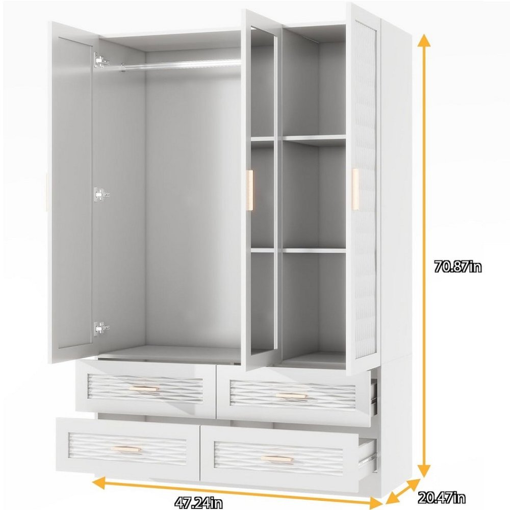 75" White Ribbed Texture Wood Mirrored Three Door Four Drawer Combo Dresser