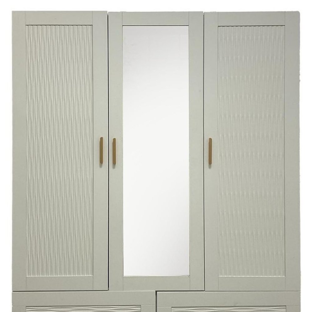 75" White Ribbed Texture Wood Mirrored Three Door Four Drawer Combo Dresser