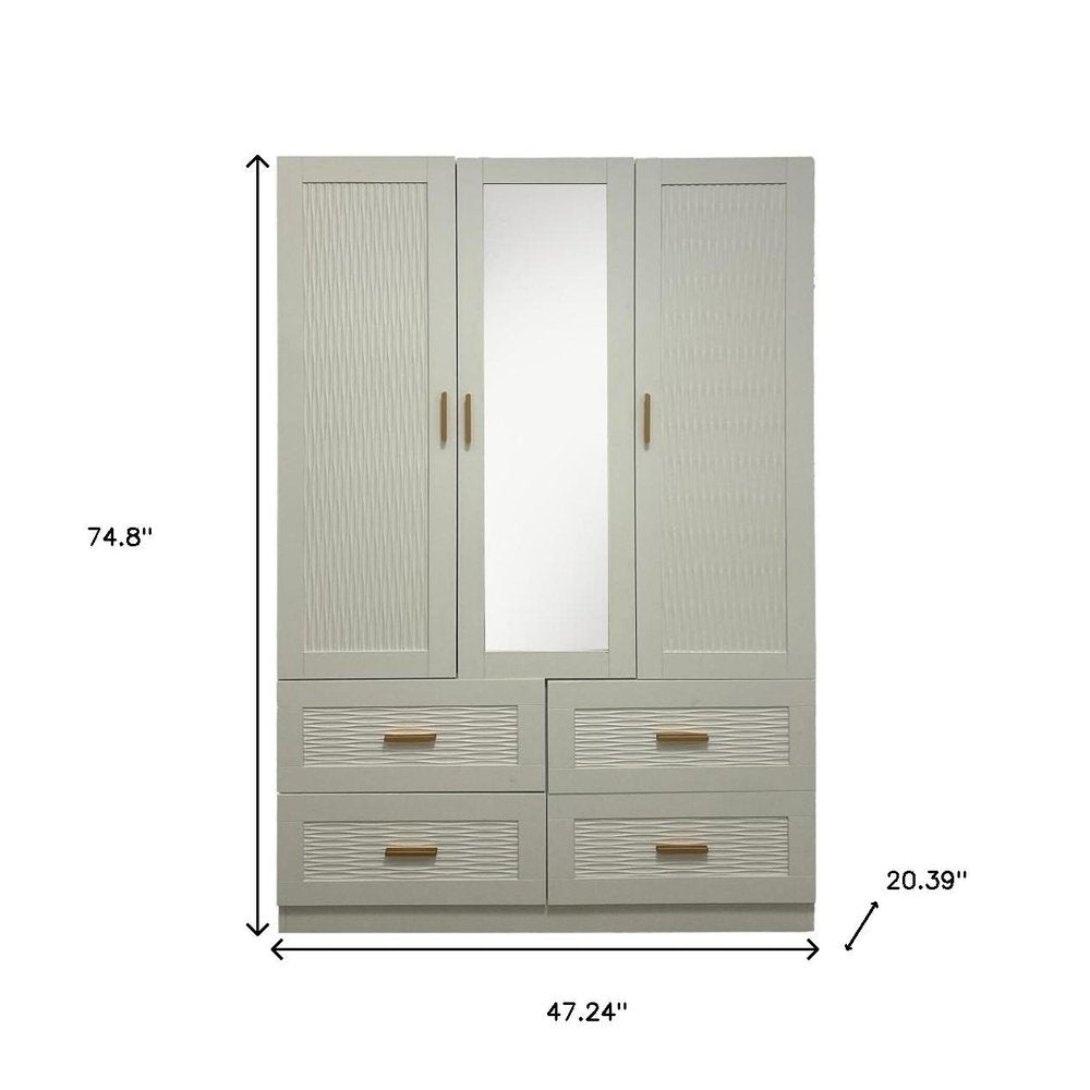 75" White Ribbed Texture Wood Mirrored Three Door Four Drawer Combo Dresser