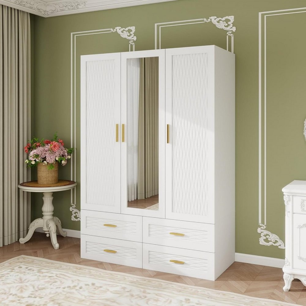 75" White Ribbed Texture Wood Mirrored Three Door Four Drawer Combo Dresser
