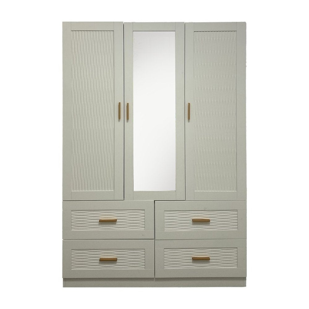 75" White Ribbed Texture Wood Mirrored Three Door Four Drawer Combo Dresser