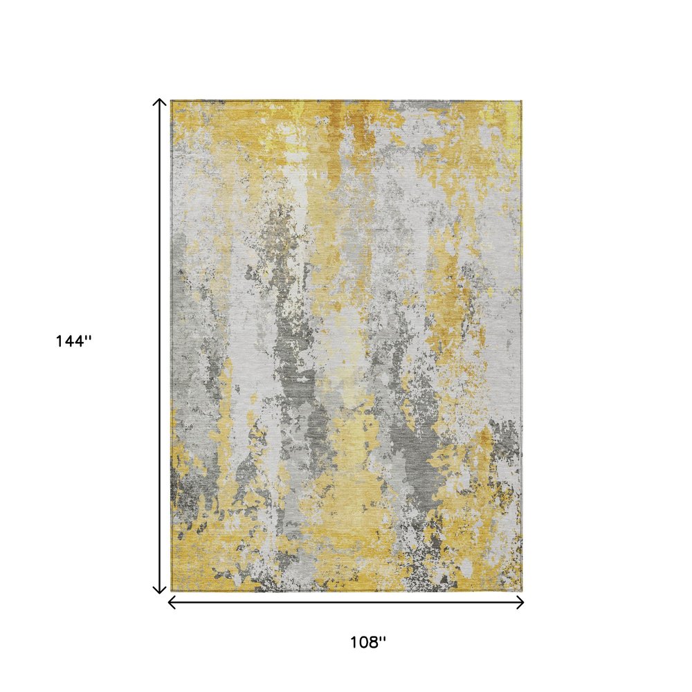 9' X 12' Yellow And Ivory Abstract Washable Indoor Outdoor Area Rug