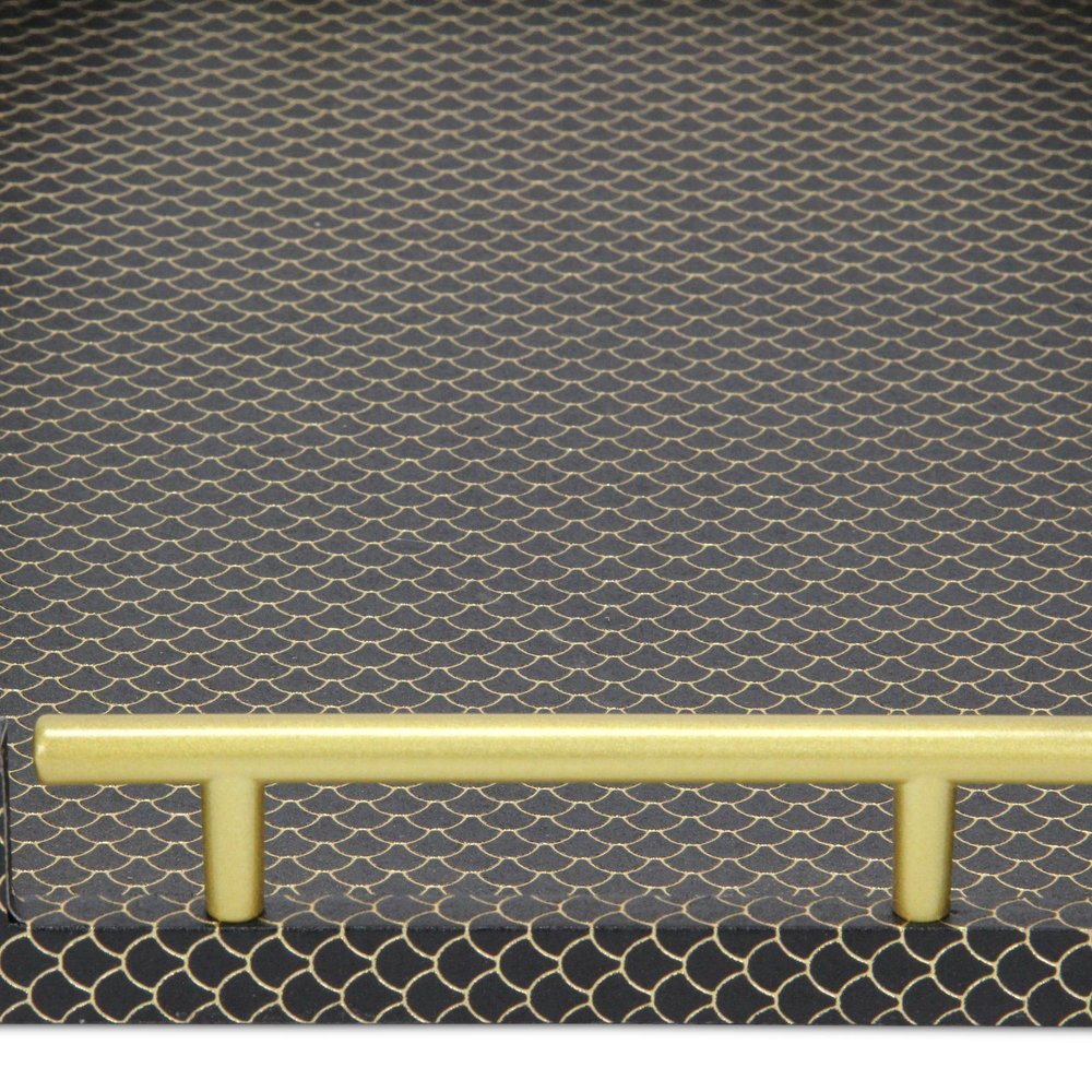 16" Black And Gold Geometric Print Handmade Serving Tray
