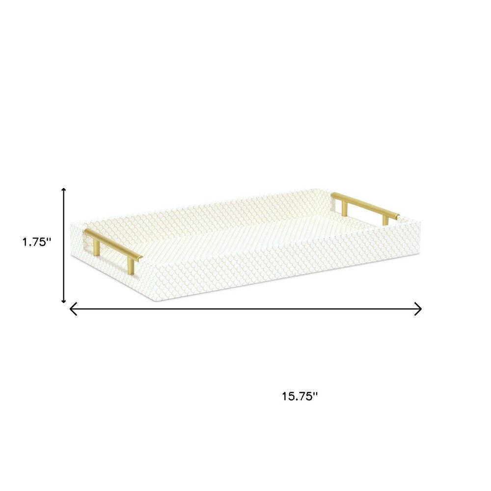 16" Ivory And Gold Geometric Print Handmade Serving Tray With Handles