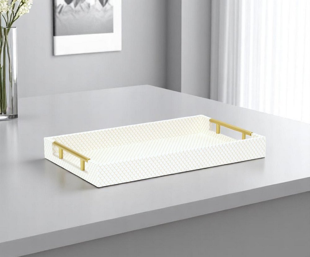 16" Ivory And Gold Geometric Print Handmade Serving Tray With Handles