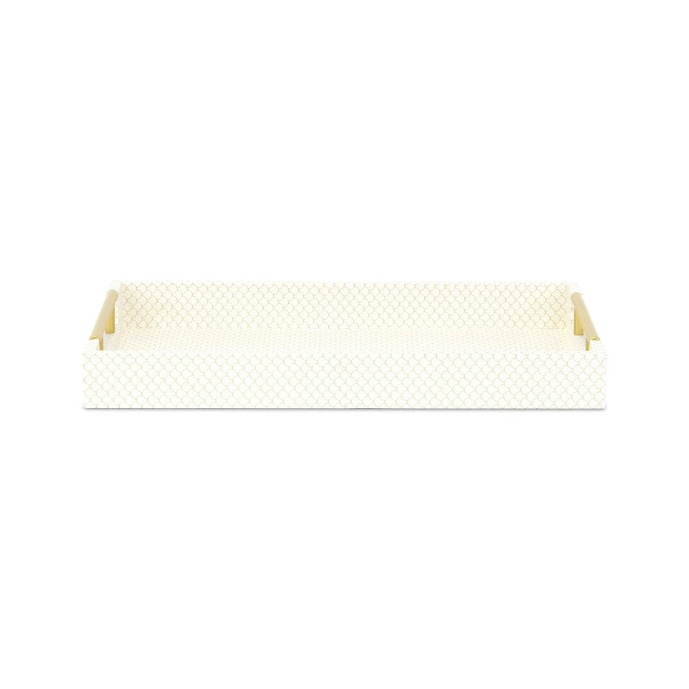 16" Ivory And Gold Geometric Print Handmade Serving Tray With Handles