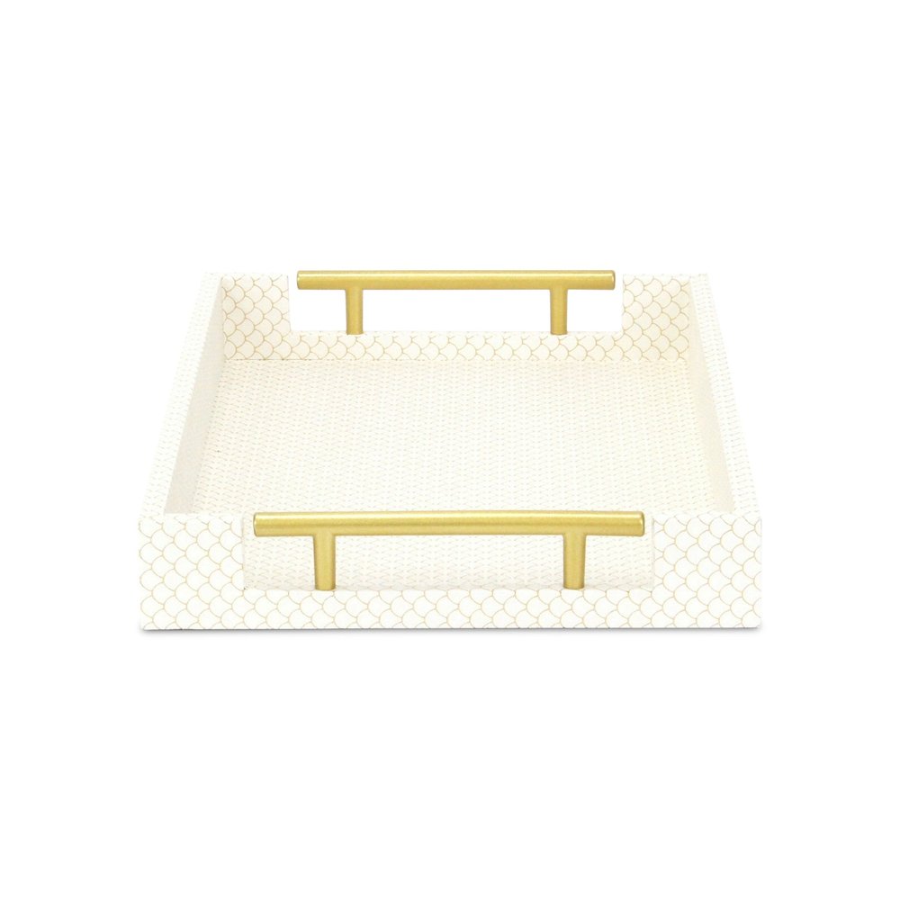 16" Ivory And Gold Geometric Print Handmade Serving Tray With Handles
