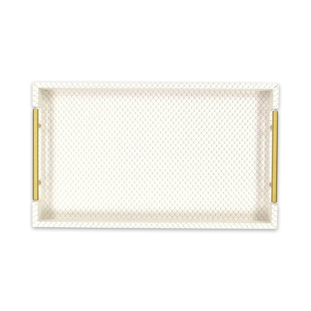 16" Ivory And Gold Geometric Print Handmade Serving Tray With Handles