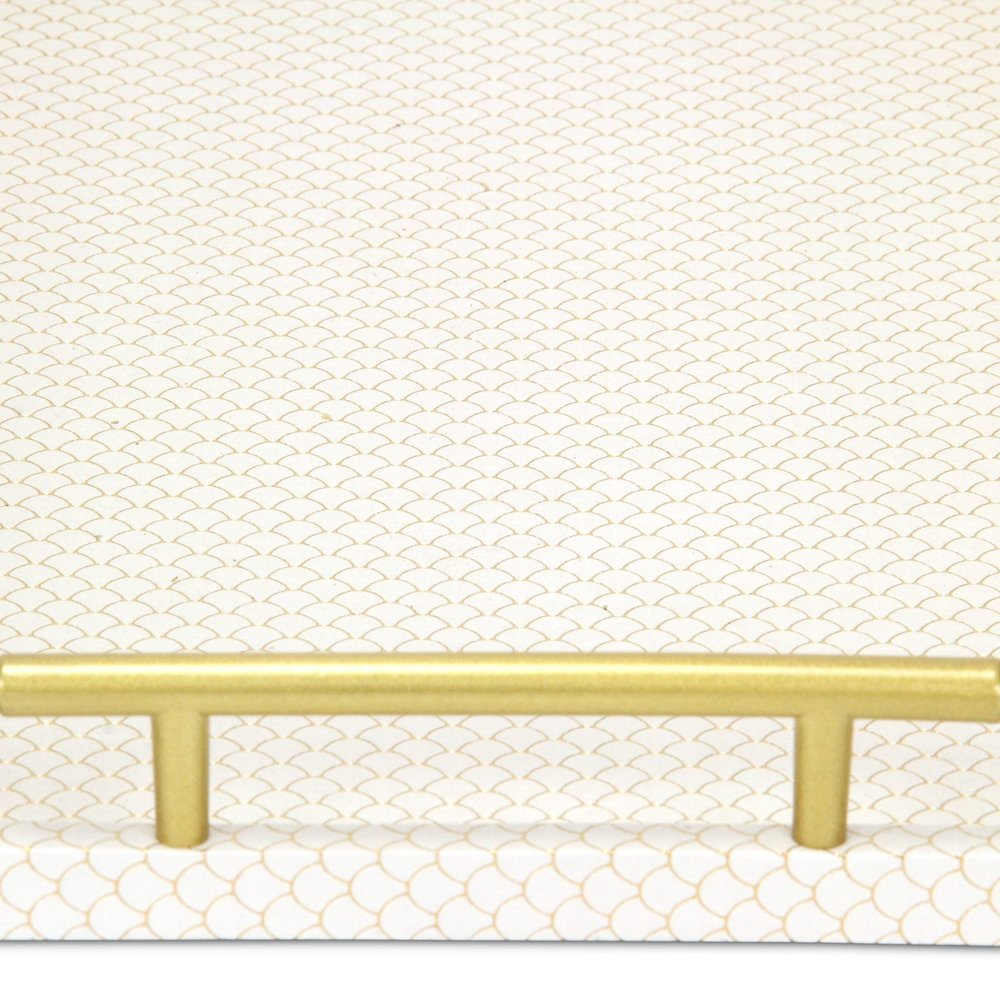 16" Ivory And Gold Geometric Print Handmade Serving Tray With Handles